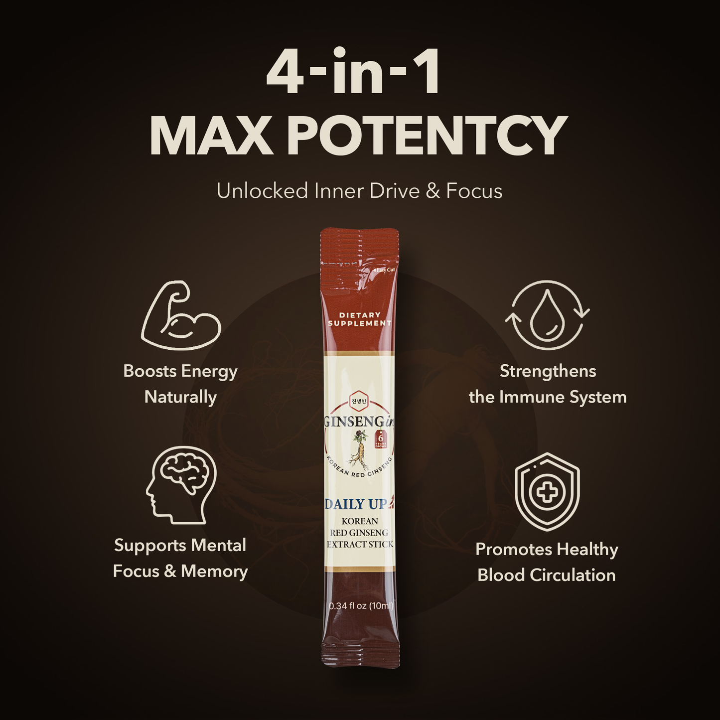 GINSENGin Premium Korean Red Ginseng Extract Sticks | Sugar-Free Energy & Focus | 6-Year Grown Panax Root | High Potency (10g x 10 Sticks)