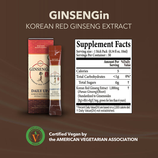 GINSENGin Premium Korean Red Ginseng Extract Sticks | Sugar-Free Energy & Focus | 6-Year Grown Panax Root | High Potency (10g x 30 Sticks)